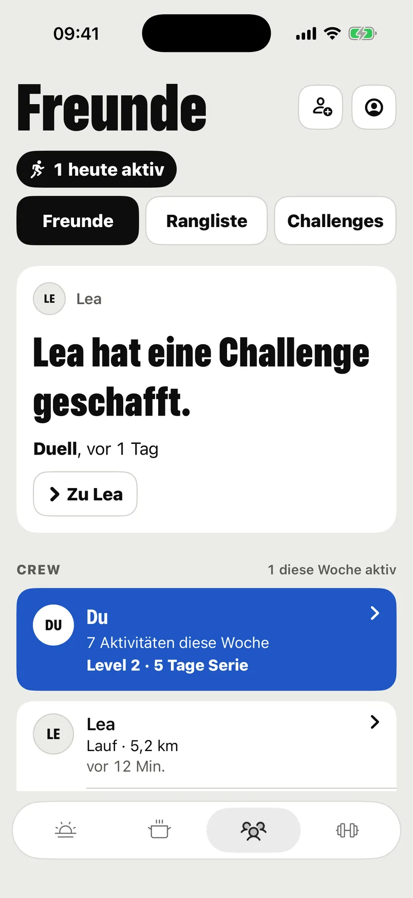 Freunde: oben das Highlight, darunter deine Freunde und du in Blau.