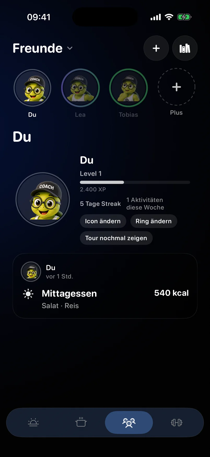 Freunde-Tab: Kreise deiner Freunde mit Level-Avataren, darunter der Feed.