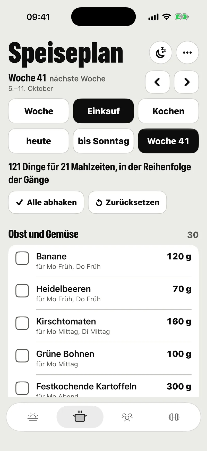 Die Einkaufsliste aus deinem Wochenplan, sortiert nach Gängen im Supermarkt.
