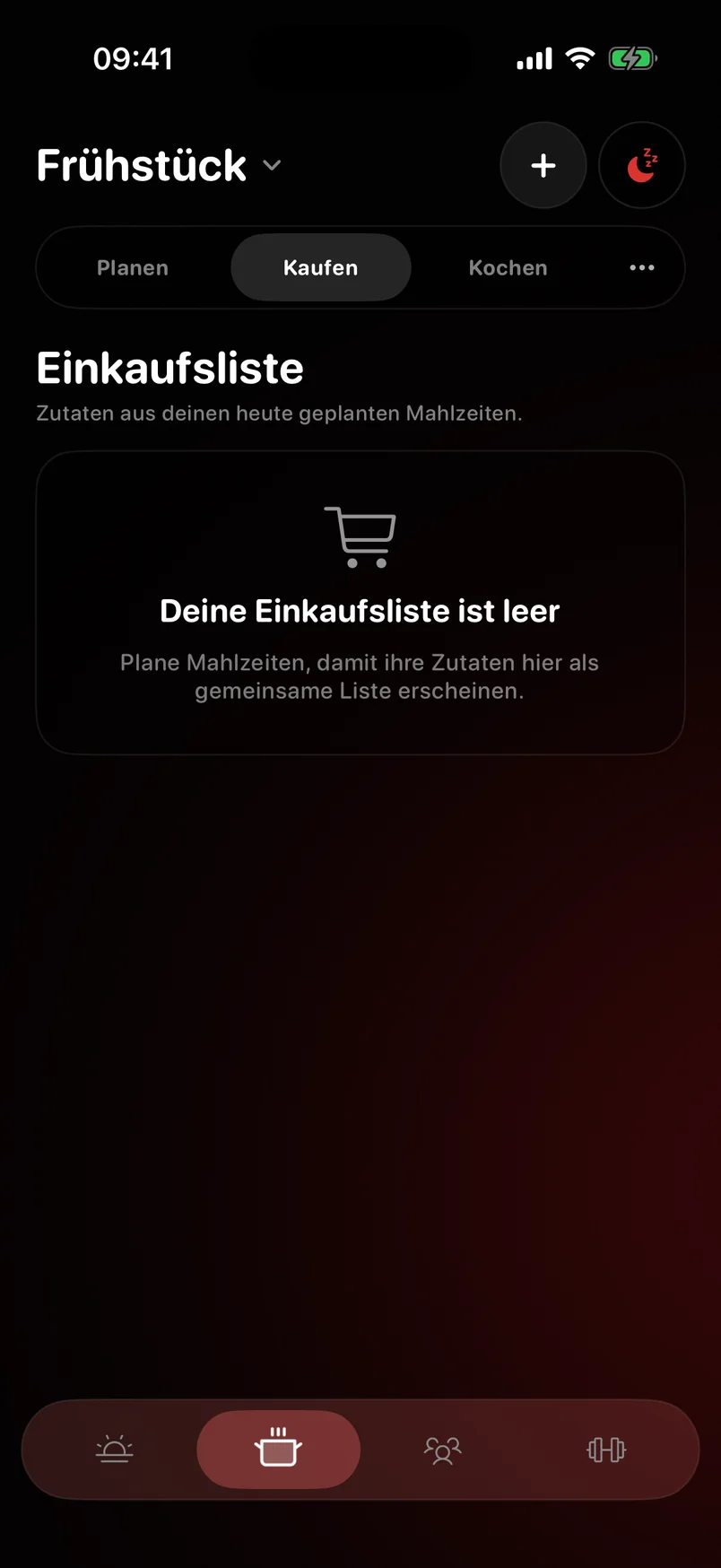 Mahlzeiten-Tab: die Einkaufsliste aus dem Wochenplan.