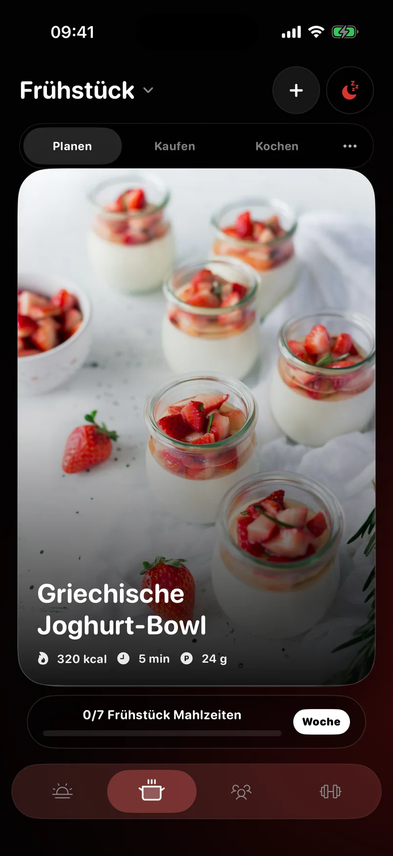 Mahlzeiten-Tab: das Deck aus Rezeptkarten im Planen-Modus.