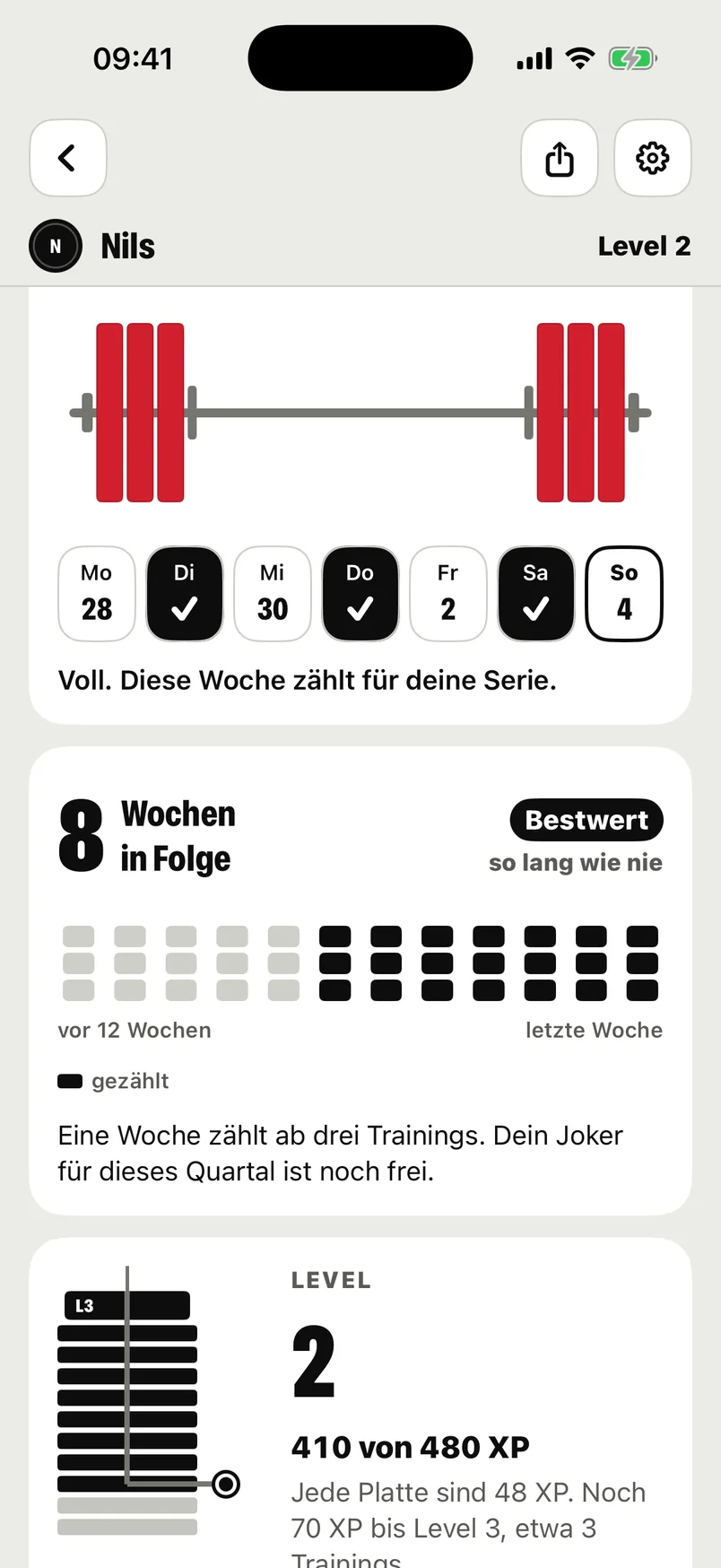 Dein Profil: die Woche als Hantel mit drei roten Scheiben, darunter deine Serie und dein Level als Gewichtsstapel.