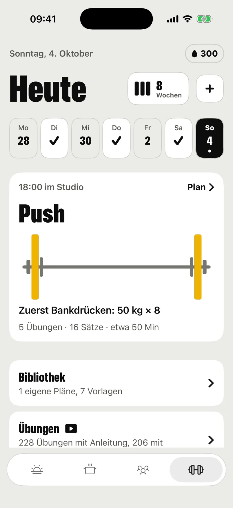 Der Workouts-Tab: deine Trainingswoche und das heutige Workout mit seiner Hantel.