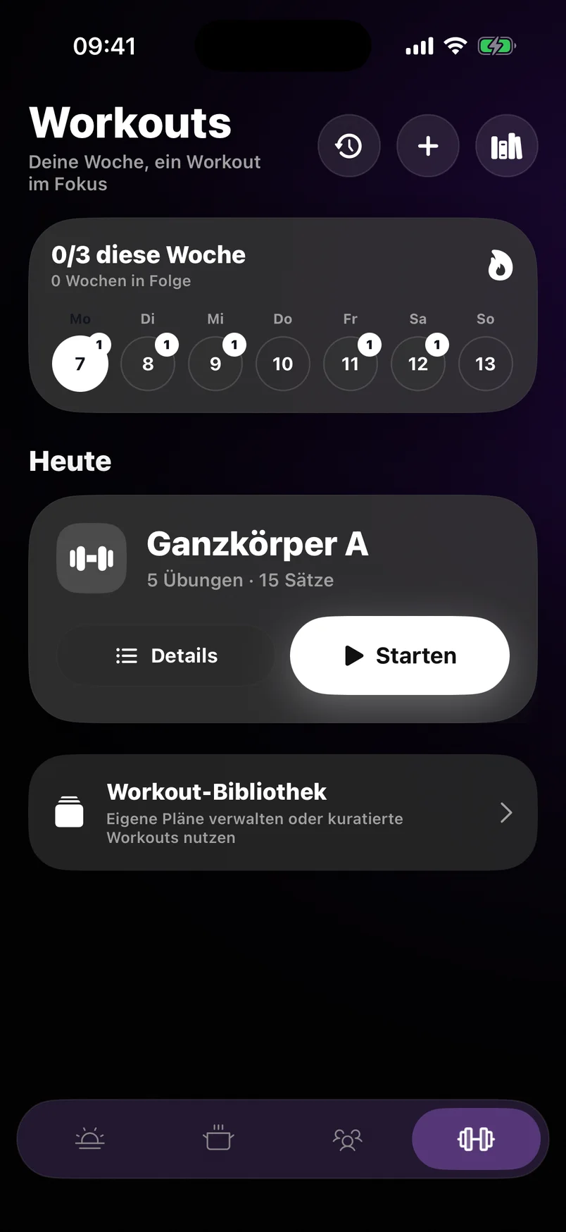 Workouts-Tab mit Wochenleiste und dem Workout des Tages.
