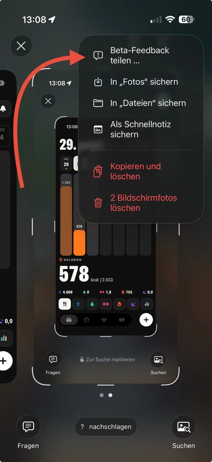 Geöffnetes Menü nach dem Haken, ein Pfeil zeigt auf „Beta-Feedback teilen …“.
