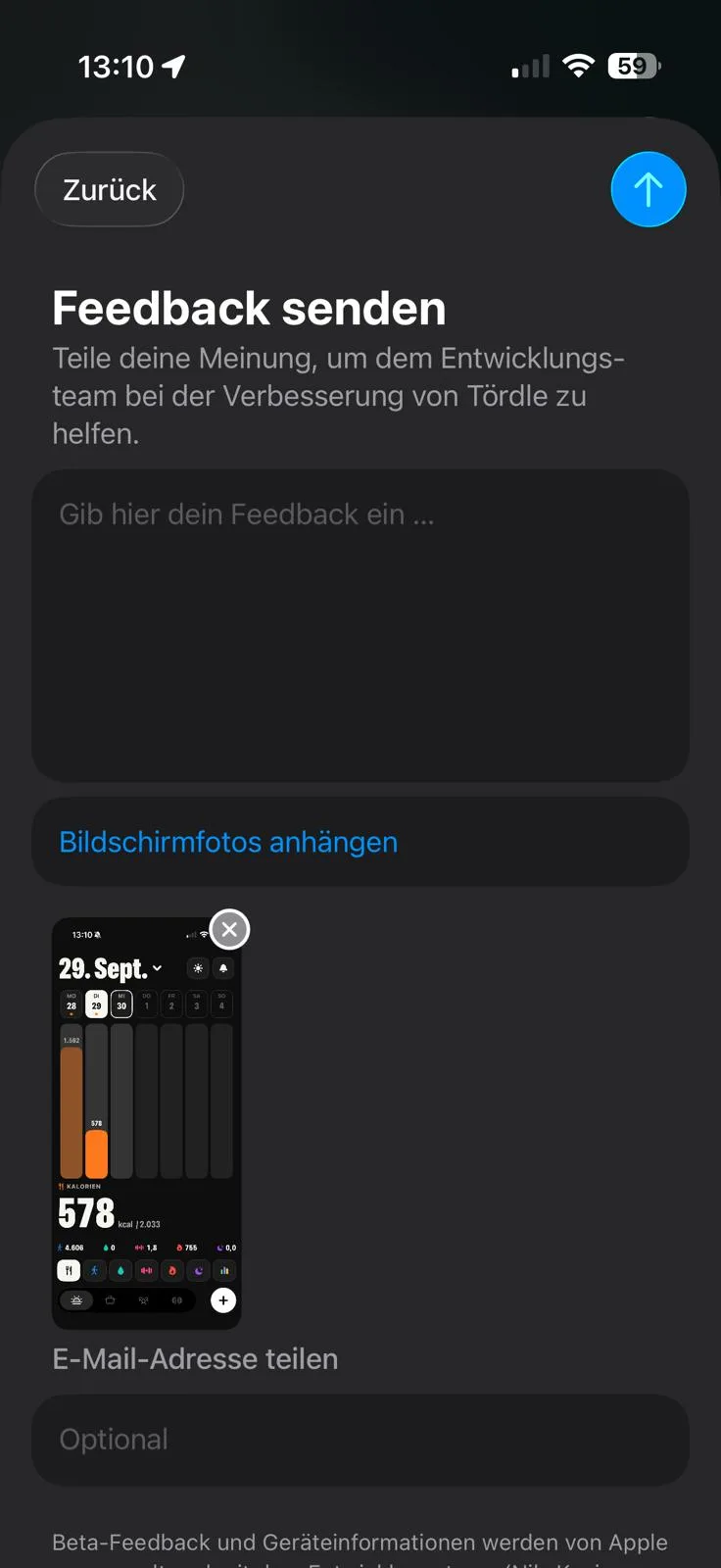 Formular „Feedback senden“ mit Textfeld, angehängtem Screenshot und dem Senden-Pfeil oben rechts.